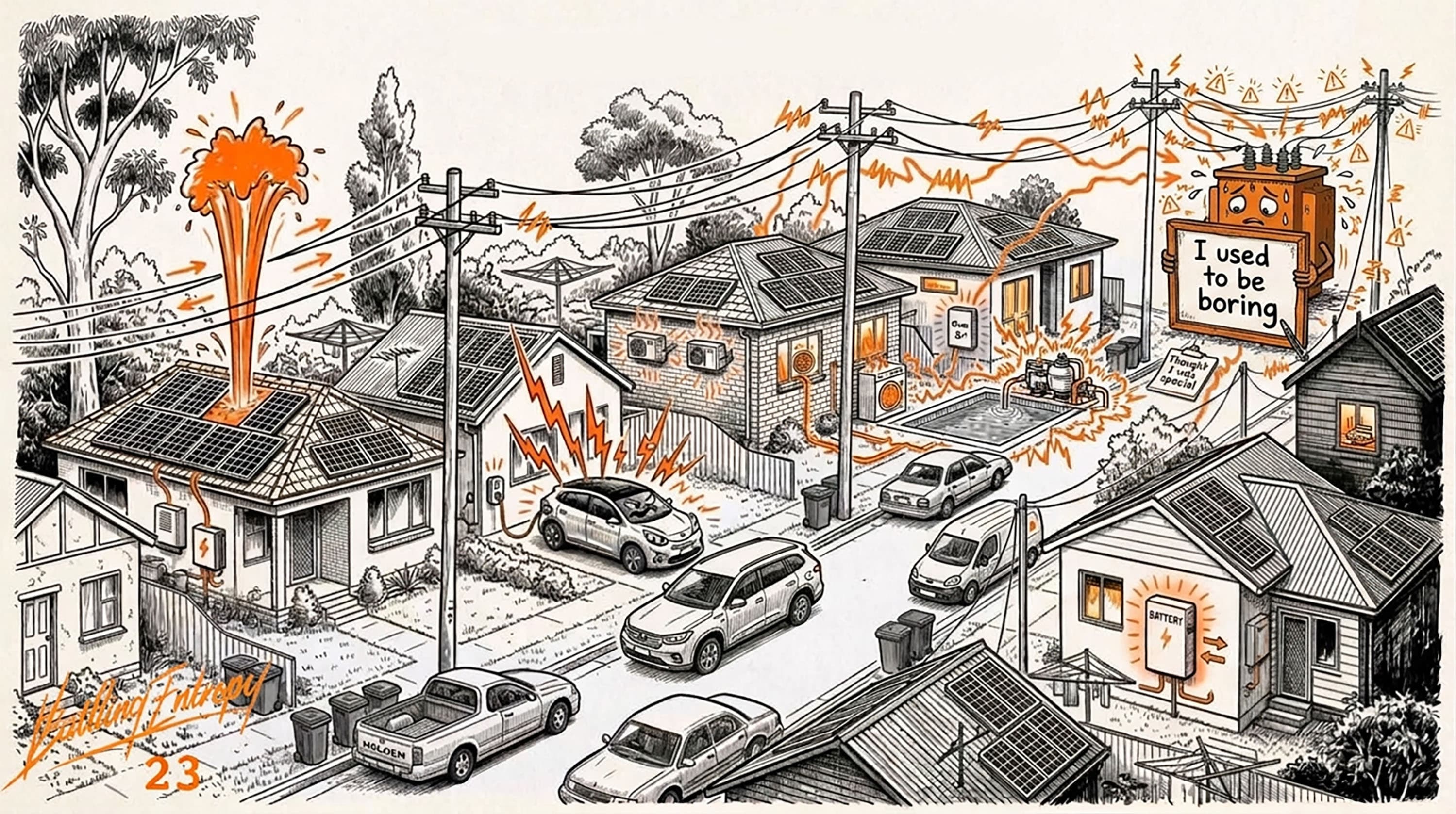 Suburban neighborhood with solar-roofed homes, parked EVs, and a distributed energy grid illustrated with orange lightning bolts flowing between rooftops, transmission lines, and a home battery, depicting a local VPP microgrid.
