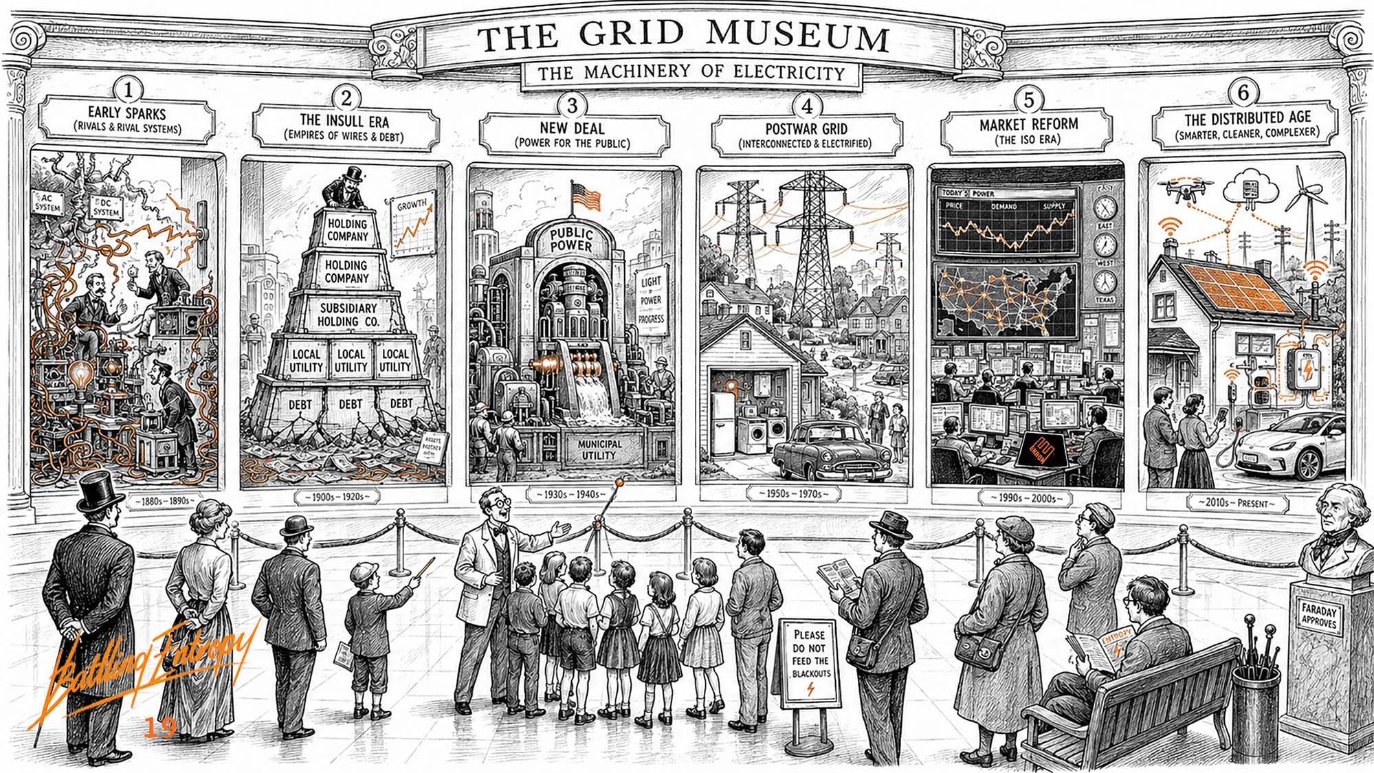 Museum exhibit showcasing six historical eras of electricity infrastructure: early sparks, insull-era monopolies, public power movement, postwar grid interconnection, ISO market reform, and distributed renewable energy with rooftop solar and EV charging.