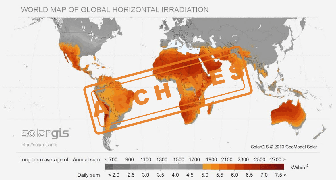 World map showing global horizontal irradiation with equatorial and southern regions highlighted in deep orange indicating 2700+ kWh/m² annual solar potential, demonstrating Australia's exceptional solar resource advantage.