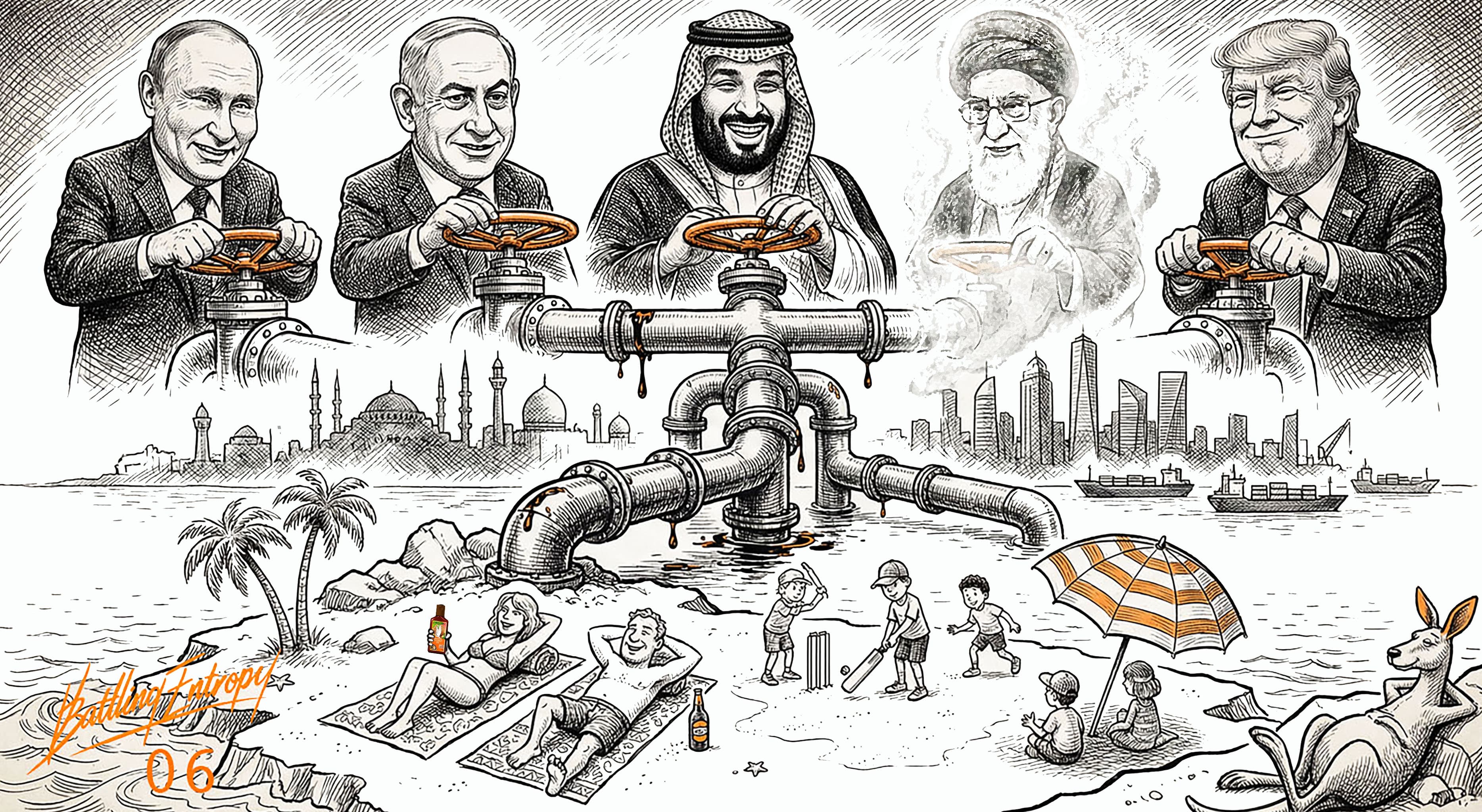 Political leaders control giant valves on an oil pipeline above a beach, while civilians below enjoy leisure activities oblivious to the infrastructure controlling their energy supply.