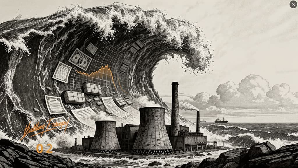A massive wave crests over a coal power plant on a rocky coast, with solar panels and an orange volatility graph emerging from the turbulent water, symbolizing renewable energy overwhelming legacy grid infrastructure.