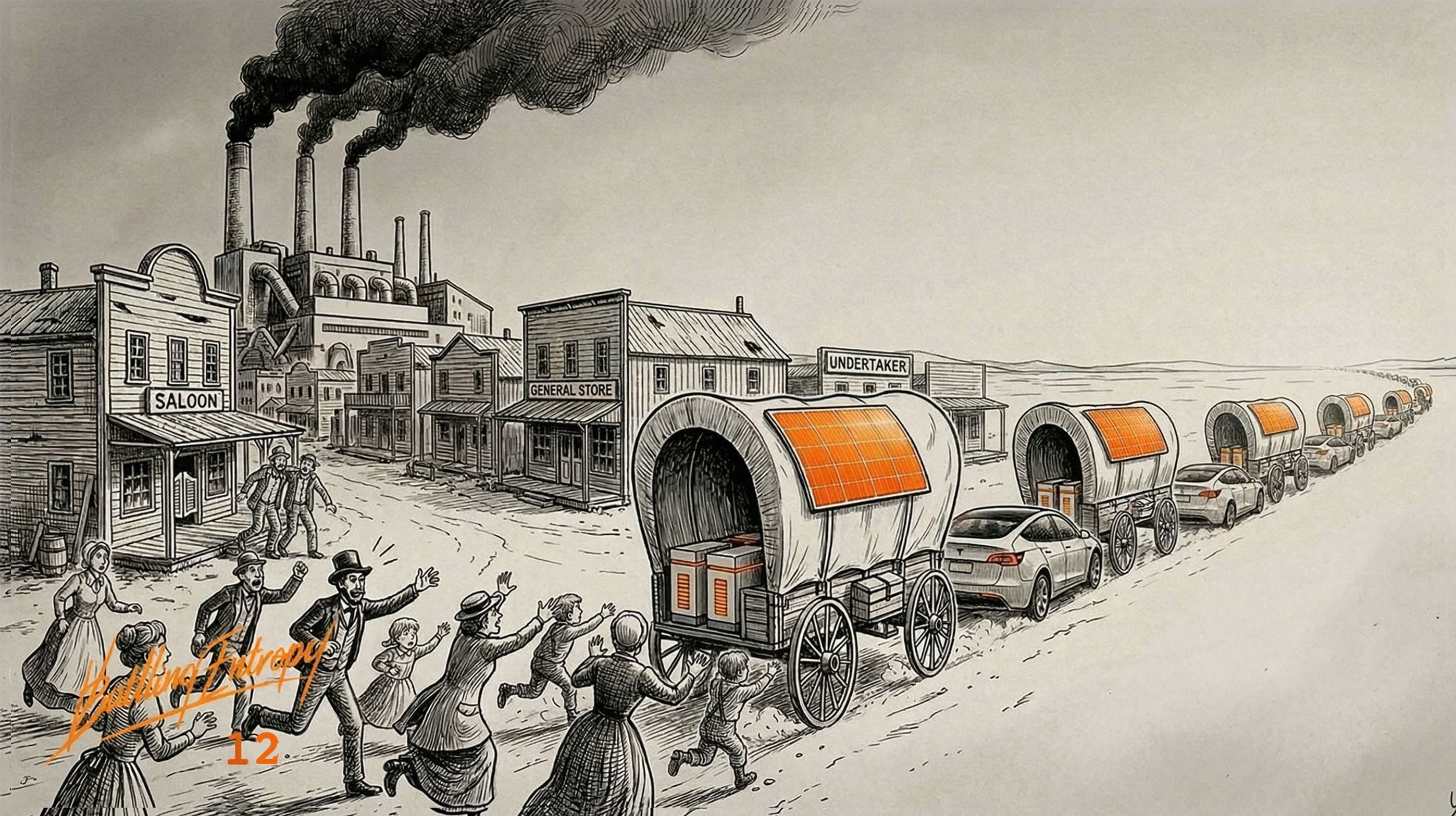 Old West town with factory smokestacks adjacent to a procession of covered wagons retrofitted with orange solar panels and modern cars, illustrating distributed energy resources replacing centralized fossil fuel infrastructure.