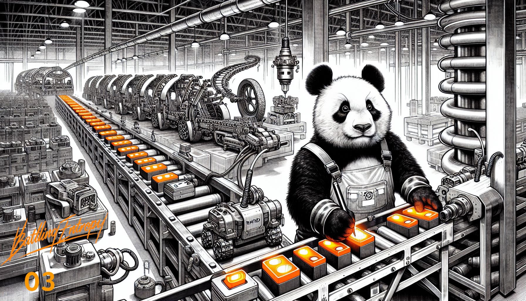 Anthropomorphic panda assembling glowing orange home batteries on a factory conveyor line, with EV powertrains and industrial machinery in a steampunk manufacturing facility.
