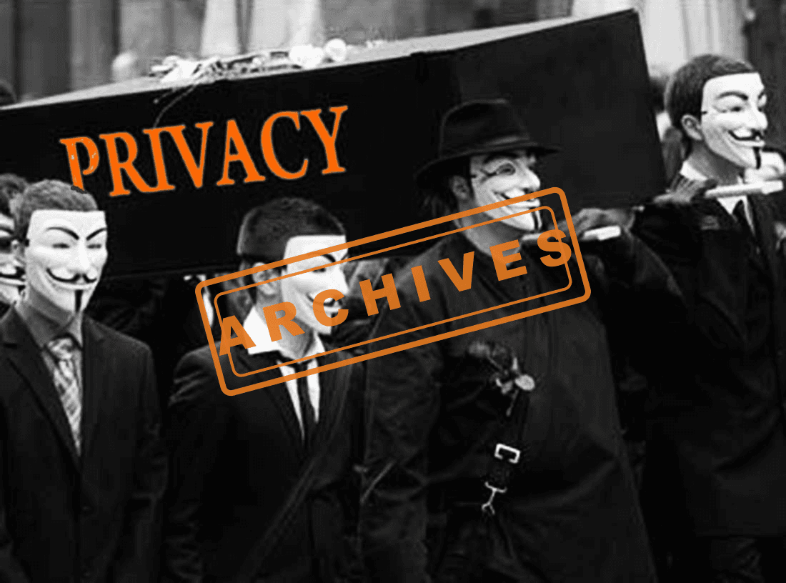 Group of masked activists bearing a coffin labelled "PRIVACY". Symbolically representing "PRIVACY IS DEAD" and referencing surveillance and data protection concerns.