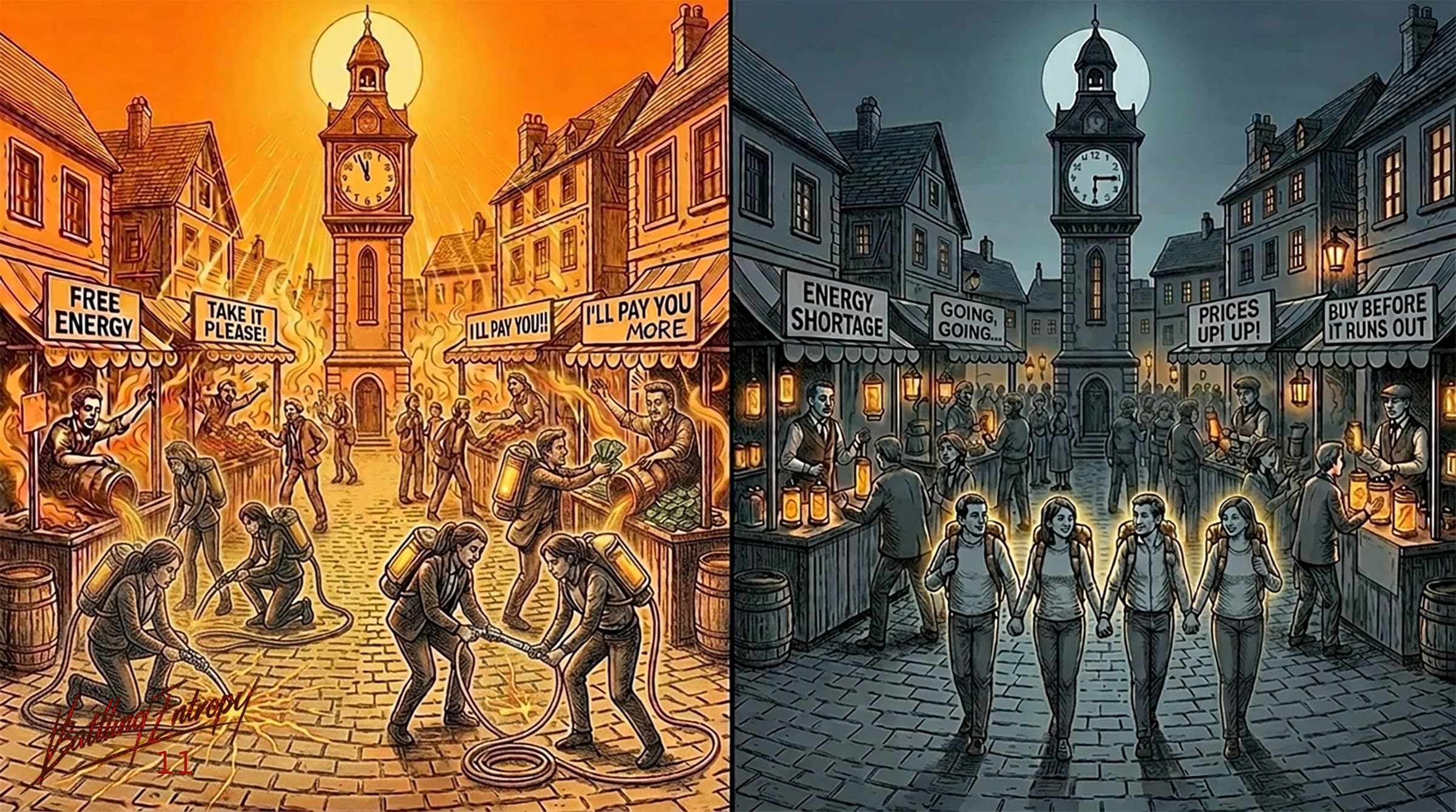 Split illustration contrasting energy abundance and scarcity: left panel shows a sun-bright town square with people freely distributing energy, signs reading "free energy" and "take it please"; right panel depicts the same square in darkness with "energy shortage" signs and people hoarding resources, visualizing the duck curve and grid storage inequality.