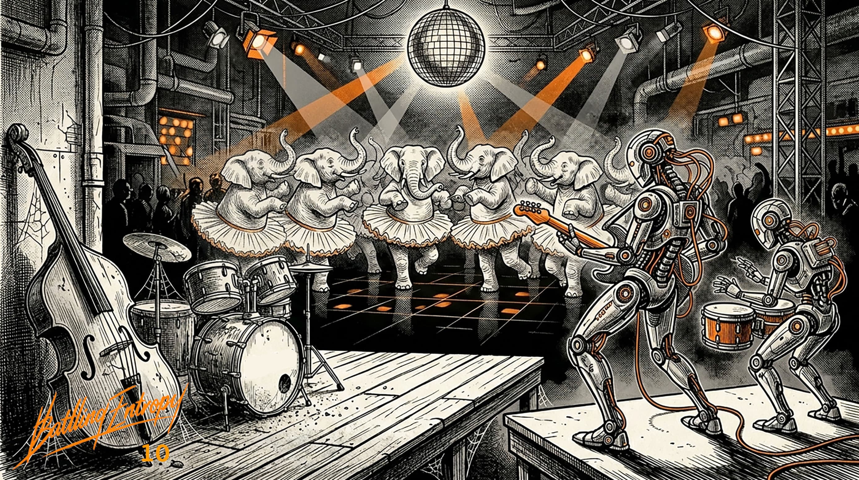 Steampunk stage scene with dancing elephants in tutus, mechanical robots, classical instruments, and industrial grid infrastructure lit by spotlights, visualizing the transition from traditional generators to power electronics in grid frequency control.