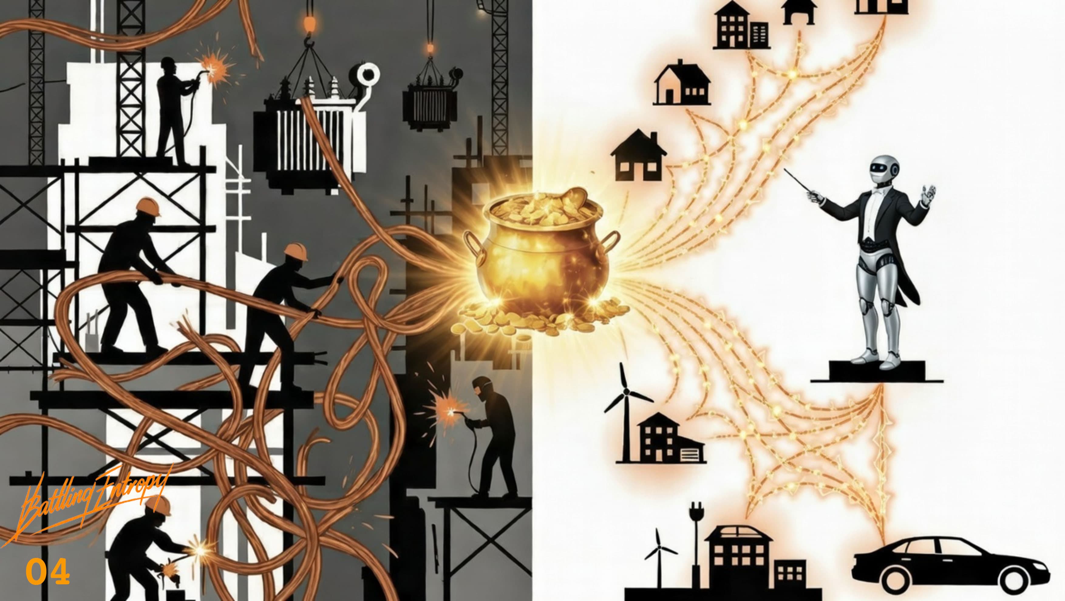 Workers manage tangled power cables flowing from a glowing central pot toward distributed energy resources including homes, wind turbines, electric vehicles, and an AI operator, illustrating grid management through market mechanisms rather than infrastructure expansion.