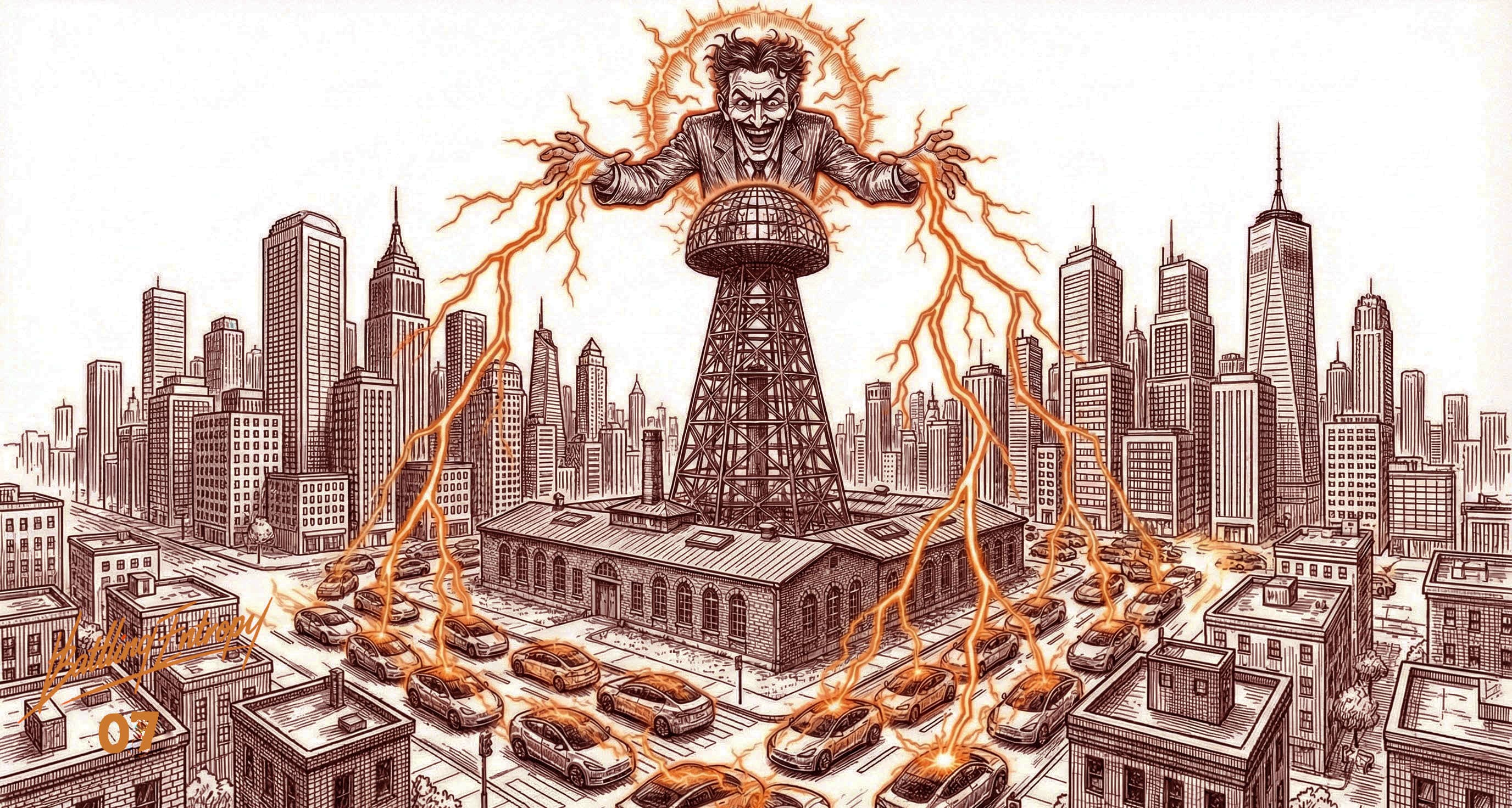 Surreal grinning Nikola Tesla figure conjures lightning bolts over a cityscape, powering a central transmission tower surrounded by parked electric vehicles, symbolizing wireless charging and grid dependency of autonomous EV fleets.