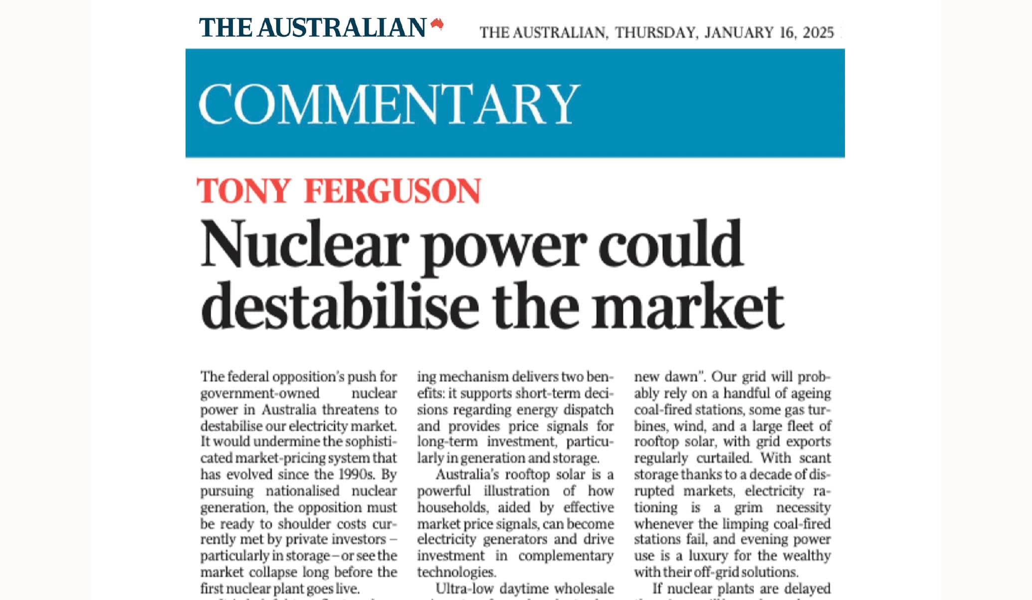 Newspaper clipping from The Australian: a Commentary piece by Tony Ferguson headlined 'Nuclear power could destabilise the market'.