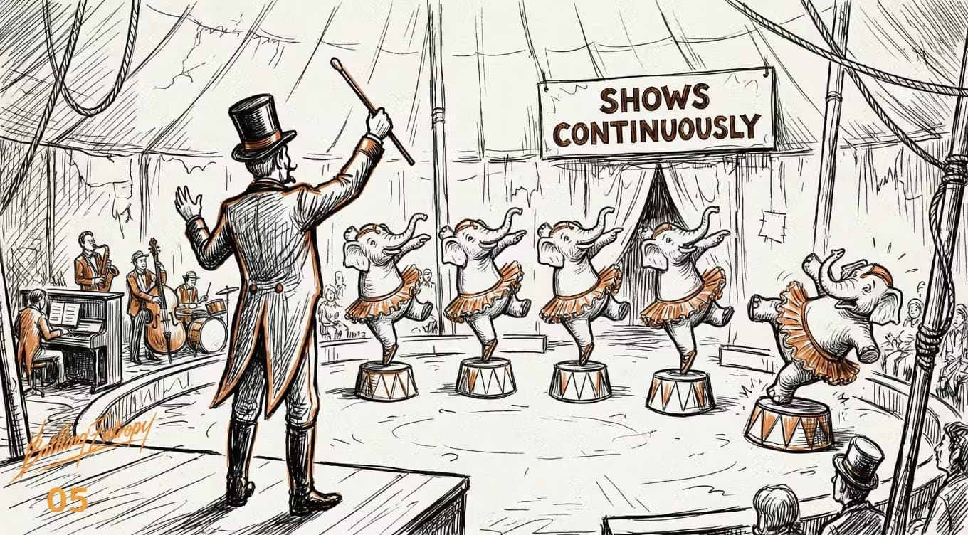 Ringmaster conducts performing elephants in a circus tent with a sign reading "shows continuously," metaphorically representing baseload power generation and grid stability as a choreographed act.