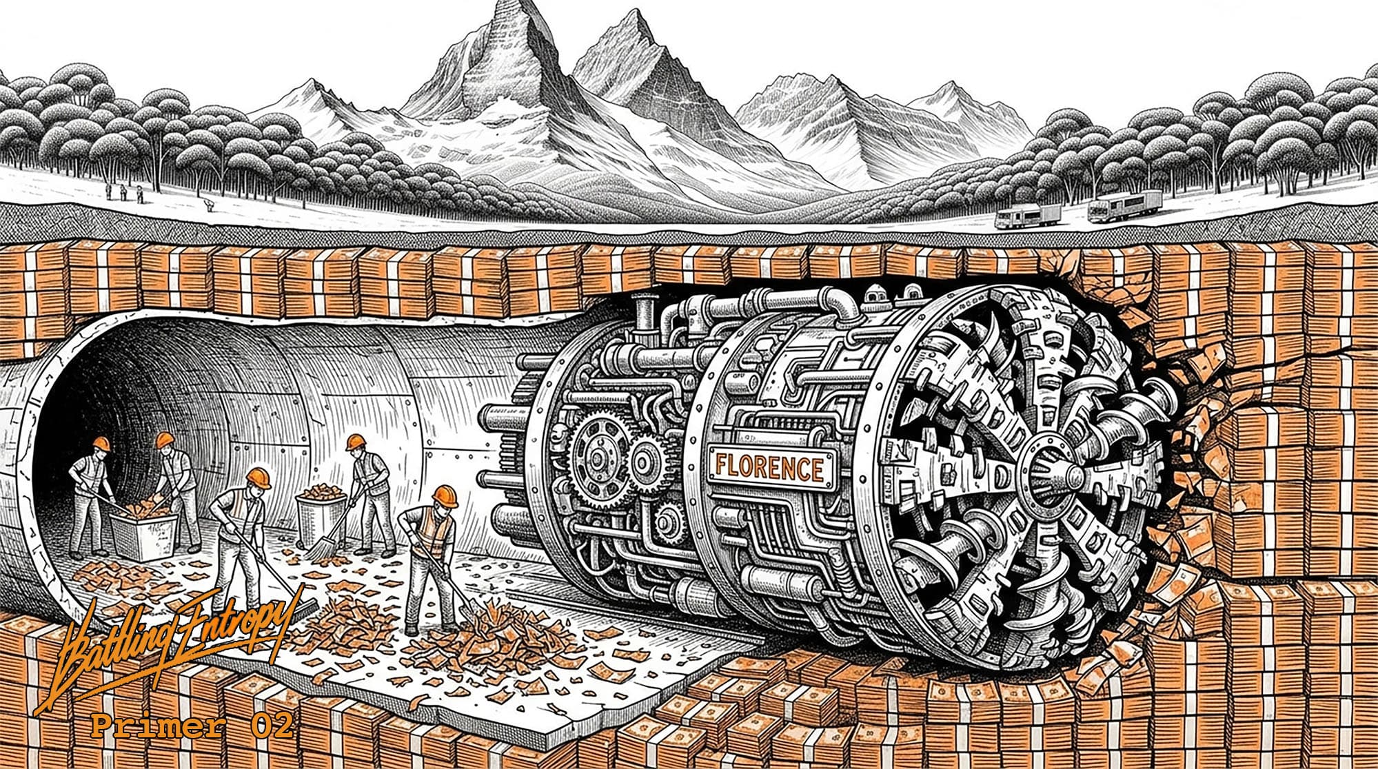 Underground pump turbine labeled Florence with workers excavating around it beneath mountains, representing Snowy 2.0 pumped-hydro energy storage infrastructure.