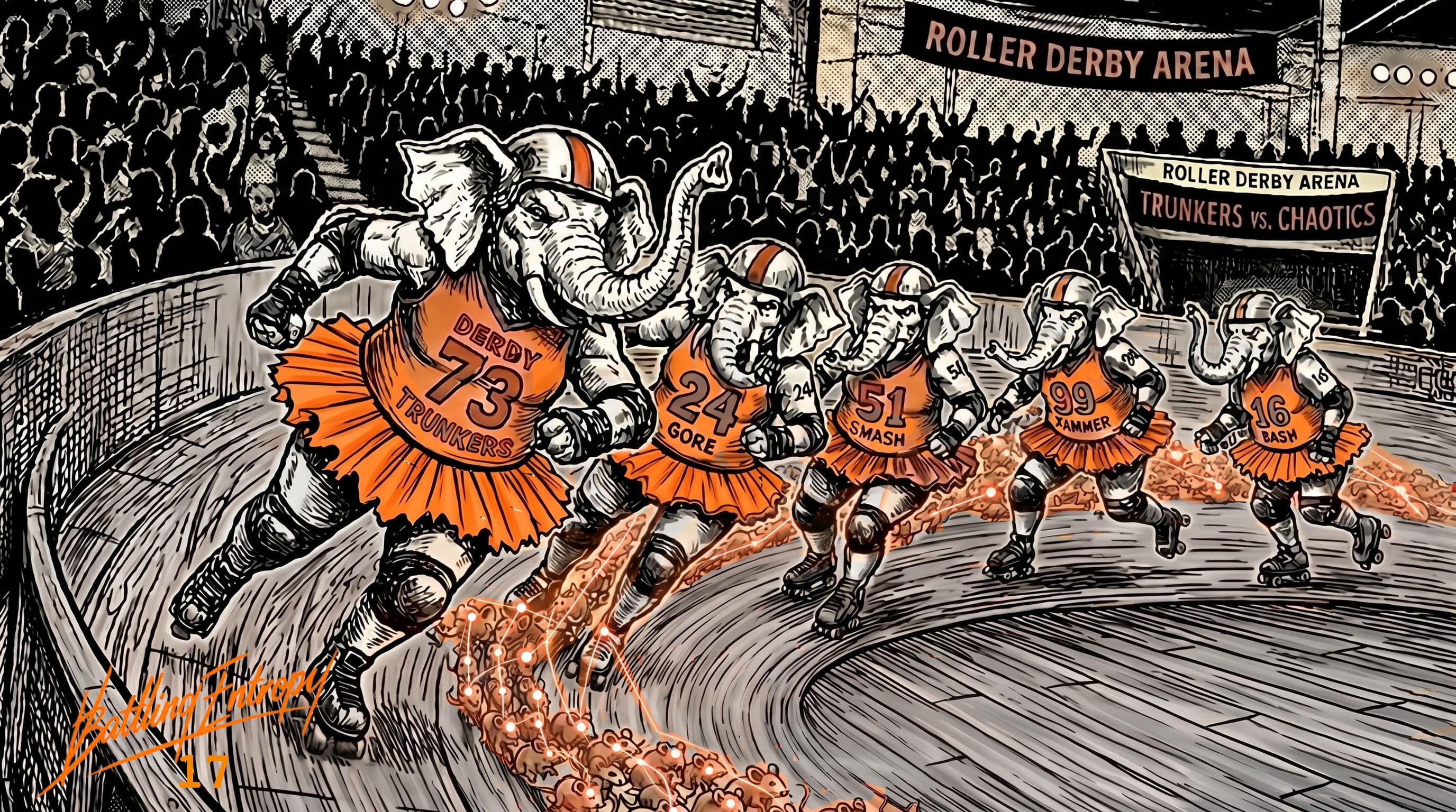 Anthropomorphic elephants in roller derby uniforms with networked mice race around a track labeled "Trunkers vs. Chaotics," with a roaring crowd in the background—a visual metaphor for forces in grid decentralization.