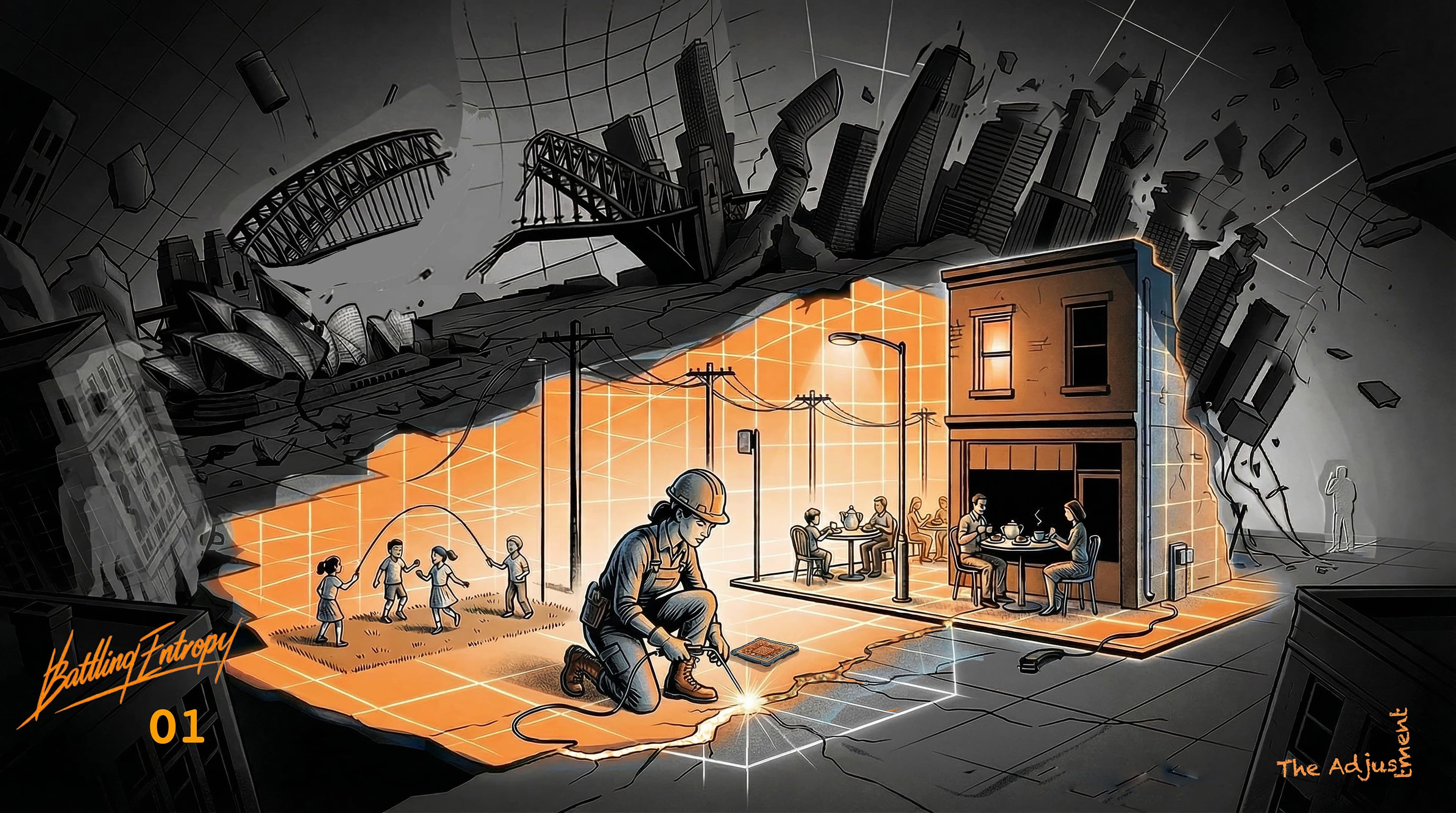 Worker installing solar panels and grid connection on a warm-lit home surrounded by crumbling cityscape, symbolizing localized energy resilience against systemic collapse.