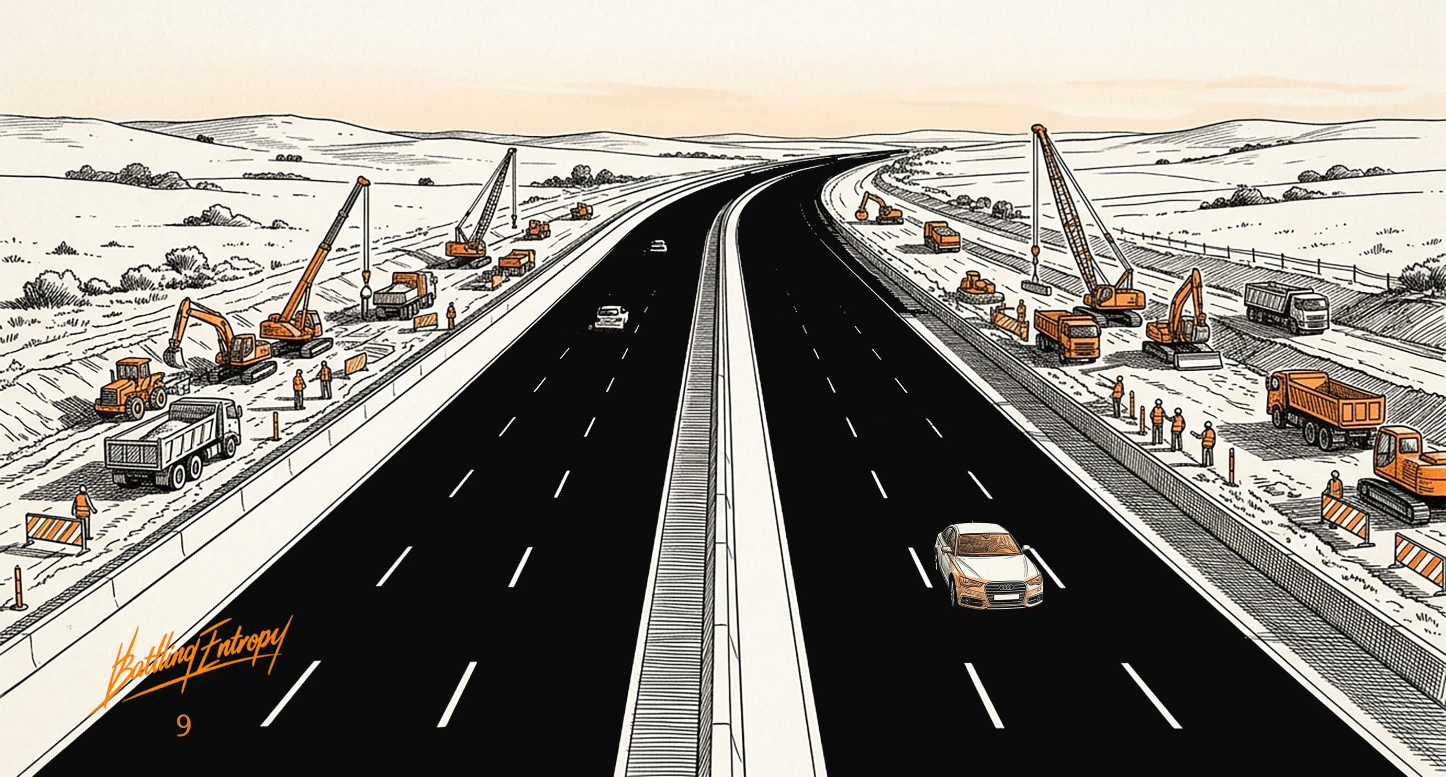 Dual-lane highway under construction with heavy machinery and workers on both shoulders, symbolizing large-scale infrastructure buildout, while a single car drives down the empty road ahead.