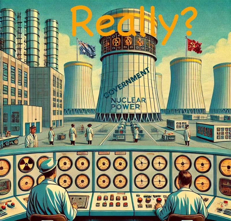 Nuclear power plant with cooling towers and control room operators monitoring gauges, symbolizing the infrastructure and technical complexity behind grid-scale nuclear generation.