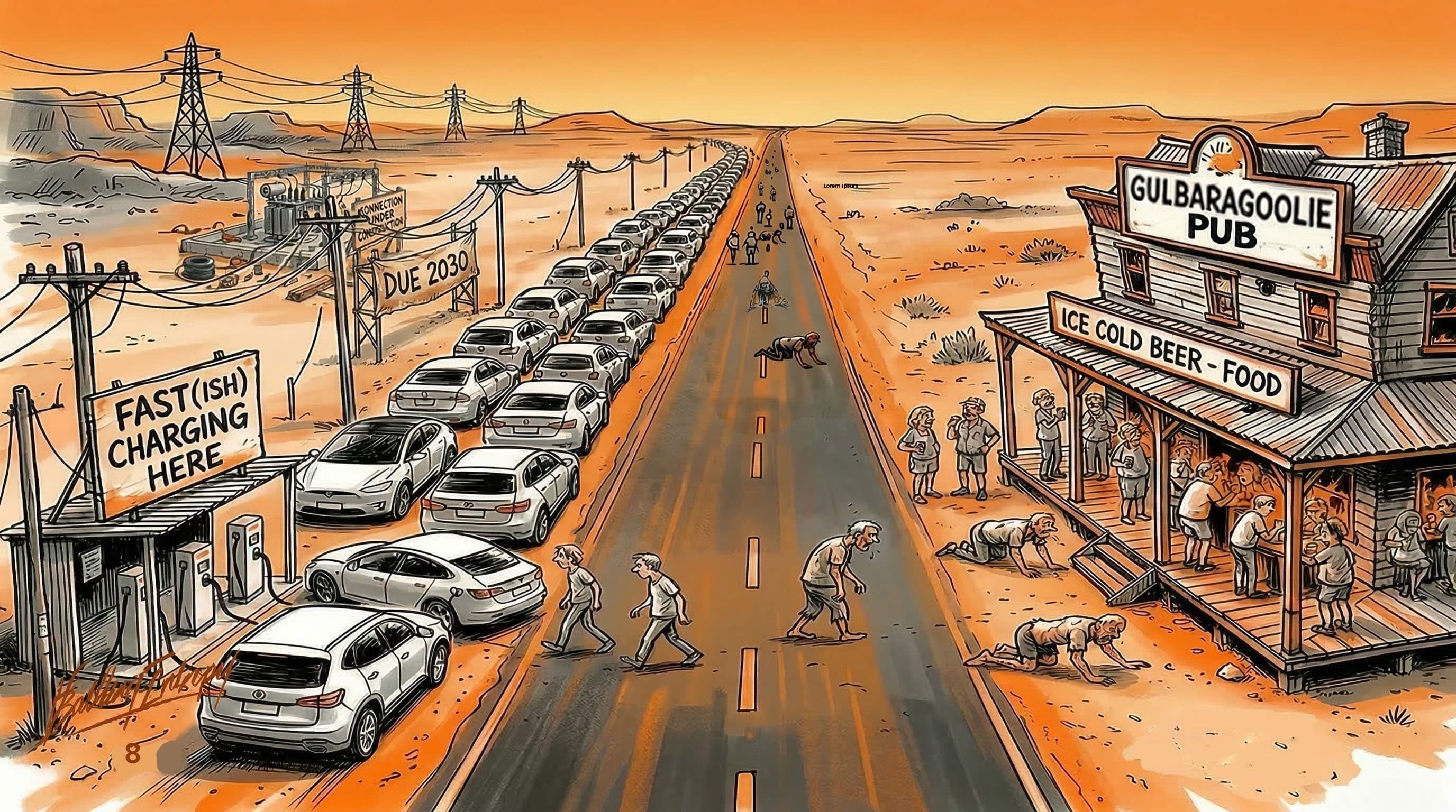 Long queue of electric vehicles waiting at a roadside charging station marked "Fast(ish) Charging Here" beneath transmission towers, while a sign warns "Connection Pending Due 2030"—illustrating Australia's grid connection delays blocking EV charging infrastructure rollout.