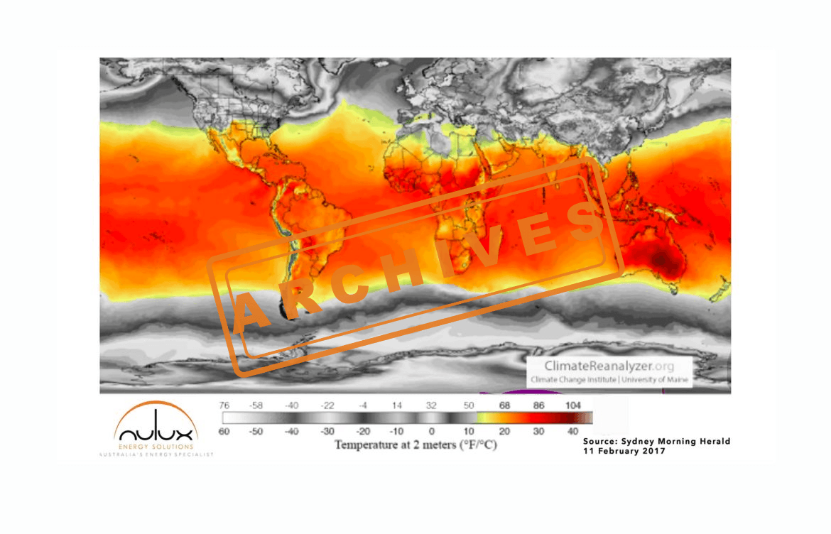 Global temperature heatmap showing extreme heat across continents, illustrating record-breaking temperatures with Australia the hottest of all.
