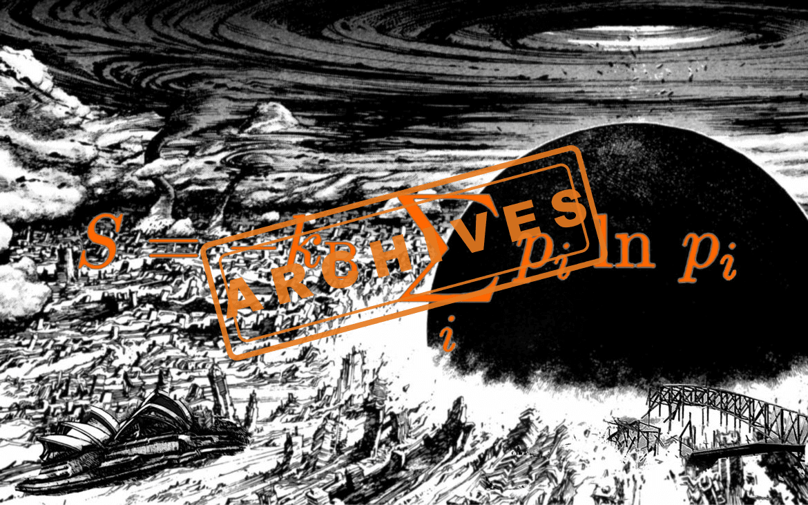 Surreal black-and-white landscape with an orange magnifying glass revealing mathematical equations, symbolizing the examination of entropy and disorder in energy systems.